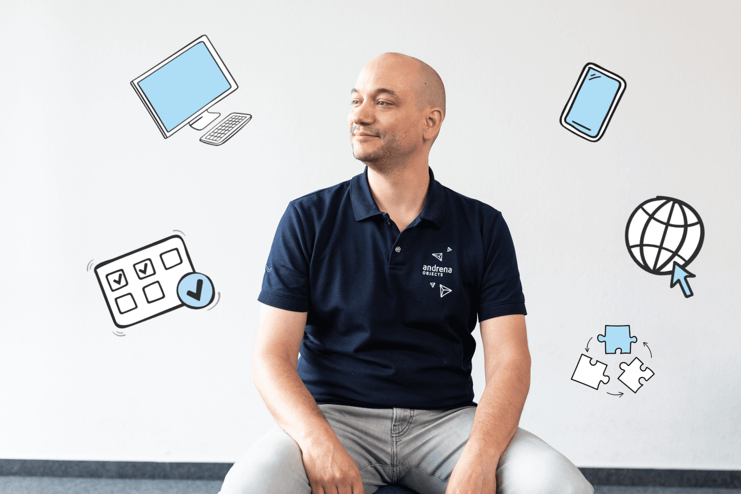 Bild-Text-Streifen Sitzender Mann mit verschiedenen Icons um sich herum